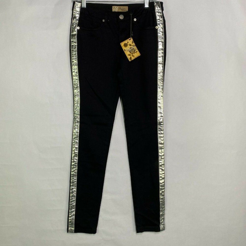 Hybrid & Co Black Skinny Jeans Faux Leather Silver Stripe Junior Size 1